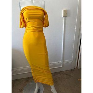Vintage Blue S. Satin yellow off the shoulder fitted bodycon stretch midi dress
